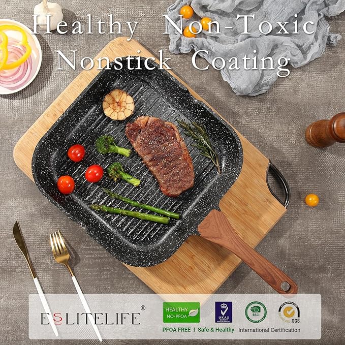 ESLITE LIFE 11 Inch Nonstick Grill Pan for Indoor Cooking, Versatile Induction Square Large Grilling Skillet Steak Pan for Stove Tops, PTFE & PFOA Free, Black