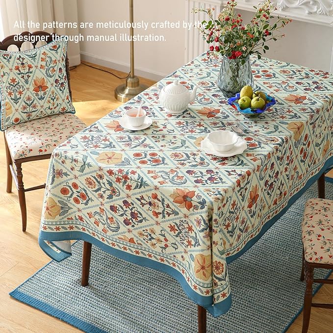 ISAENNE Designer Linen Elegant Extra Long Rectangle Tablecloth,Colorful Floral Bohemian Table Cloth,Wrinkle Resistant Decor Tablecloths for Dining Thanksgiving Kitchen,63"*110"-Floralsea A