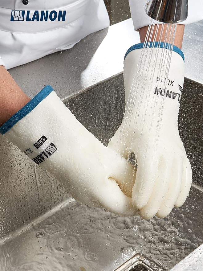 LANON Liquid Silicone Gloves, Heat Resistant Oven Gloves with Fingers, Food Grade, Waterproof, White, XL