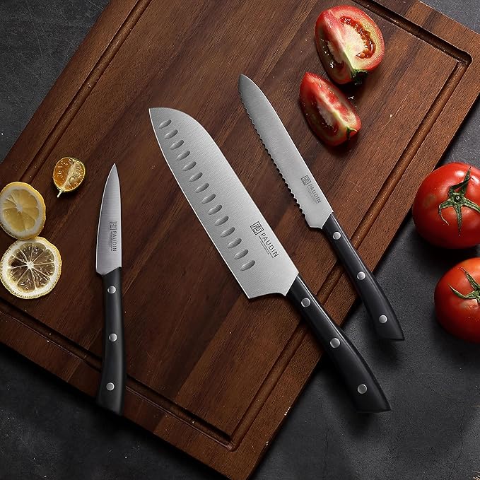 PAUDIN Kitchen Knife Set, 7 Piece Chef Knife Set, High Carbon Stainless Steel Kitchen Knives, Ultra Sharp Knives Set for Kitchen, Precise Cutting, Durable with Ergonomic Handle, Black