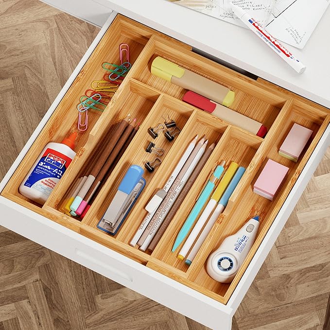 BAMEOS Bamboo Expandable Drawer Organizer, 5-7 Slots Kitchen Drawer Organizer, Adjustable Cutlery Tray for Utensils, Silverware & Flatware (Natural)