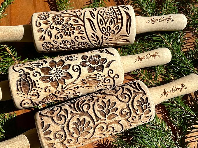 FLORET 3 Kid Rolling Pin Set with Lotus, Kashmir, Paisley, Flowering Vine, Lily Flowers Patterns. Wooden Laser Cut Mini Rolling Pins for Cookies, Play Dough, Salt Dough or Clay by Algis Crafts