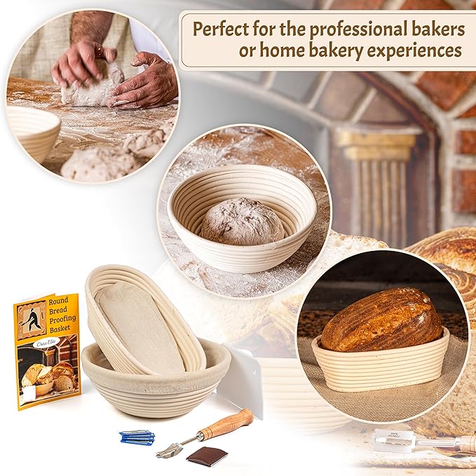 Sourdough Bread Baking Supplies Starter Kit, Banneton Proofing Basket Set: Round 9" & Oval 10", Gift Set