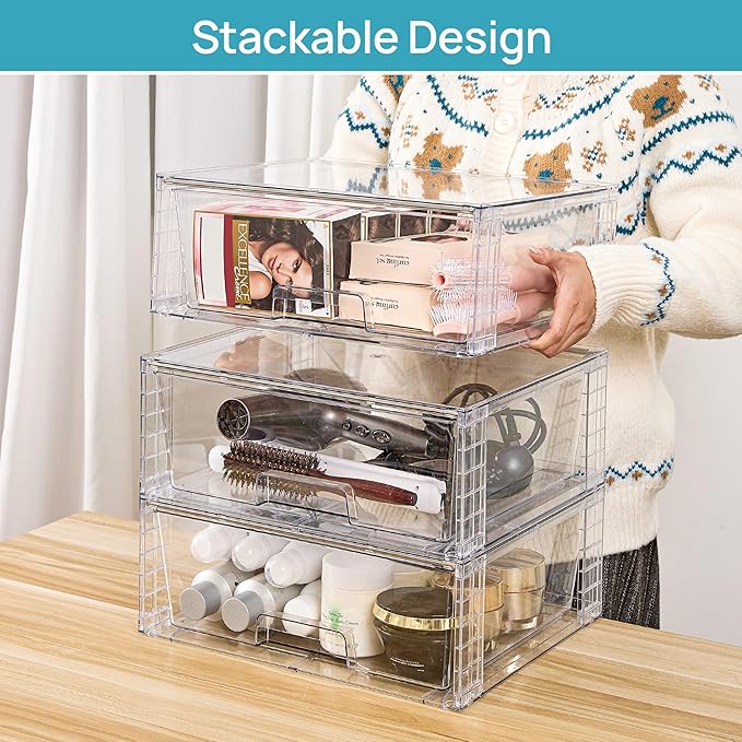 Vtopmart 4 Pack Large Stackable Storage Drawers,Easily Assemble Acrylic Bathroom Closet Undersink Organizers and Storage,Plastic Storage Bins for Kitchen Cabinets,Pantry,Makeup,Medicine Organization
