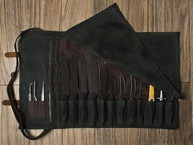 Asaya Waxed Canvas Knife Roll - 15 Knife Slots, Card Holder and Large Zippered Pocket - Genuine Leather, Cloth and Brass Buckles - for Chefs and Culinary Students - Knives Not Included