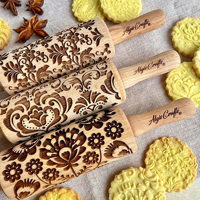 FLOWERS 3 Kid Rolling Pin Set with Damask, Folk and Floral Wreath Patterns. Wooden Laser Cut Mini Rolling Pins for Cookies, Play Dough, Salt Dough or Clay by Algis Crafts