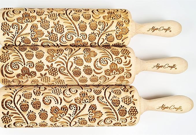 STRAWBERRY embossing rolling pin. Engraved wooden embossed dough roller for embossed cookies or clay by Algis Crafts