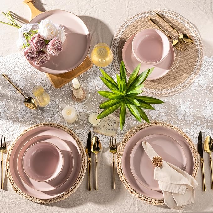 AmorArc Ceramic Dinnerware Sets for 4, 12 Pieces Handpainted Plates and Bowls Set with Rustic Terracotta Underside, Scratch Resistant Stoneware Dishes Set, Dishwasher & Microwave Safe
