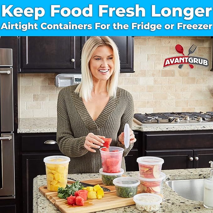Avant Grub Food Storage Containers, BPA-Free Plastic, Deli Grade with Leakproof Lids, 12ct. Durable 32 Oz Microwave and Freezer Safe Containers for Takeout, Meal Prep, Storage, Keeps Food Fresh Longer