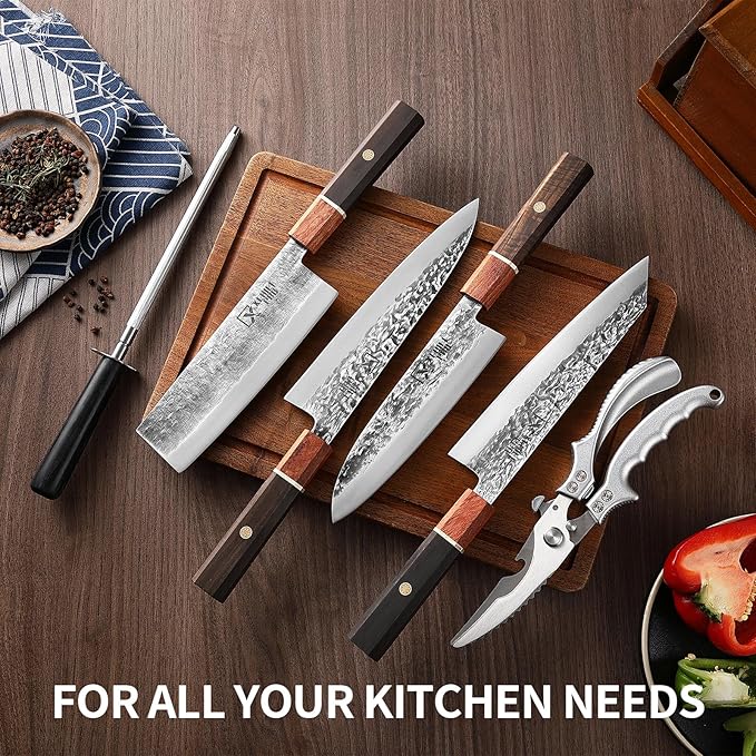 Japan Knife Set, High Carbon Steel Japan Nakiri Santoku Knife Set, Hand Forged Meat Cleaver Butcher Knife with Accessories for Kitchen, Camping BBQ Knives Set with Bag