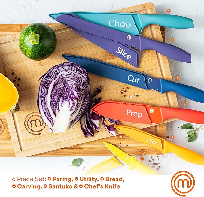 MasterChef Kitchen Knives Set with Covers incl. Paring, Boning, Carving, Bread, Santoku & Chef Knife, Sharp Cutting Stainless Steel Blades with Sheaths, 12 Piece (6 Colored Knives & 6 Covers)