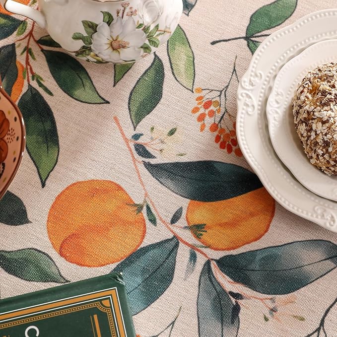 patdrea Designer Vintage Linen Rectangle Table Cloth,Framhouse Oranges and Leaves Pattern French Extra Long Tablecloth,Decor Cover for Kitchen Dining Christmas,Thanksgiving,67"x118"-Palladin a
