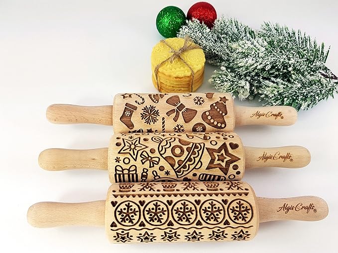 CHRISTMAS FUN 3 Kid Rolling Pin Set. Wooden Laser Cut Embossing Cut Mini Rolling Pins for Embossed Cookies. Gift for Kid, Friend, Christmas by Algis Crafts