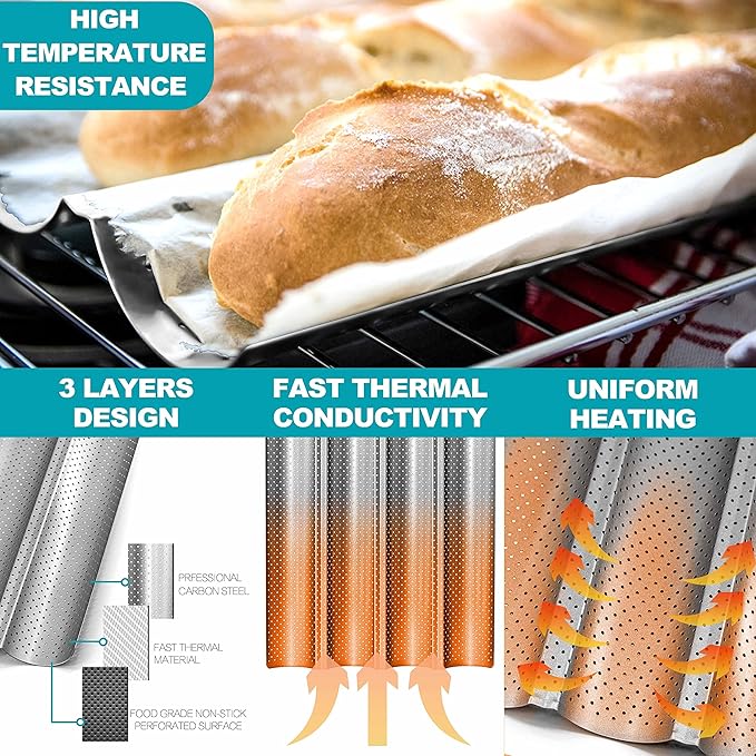 Anaeat Nonstick French Baguette Bread Pan with Thick Professional Proofing Cloth Dough Couche - Long Sourdough Bread Baking Pan Tray for Professional & Home Baker, Perforated Loaves Bake Mold Supplies