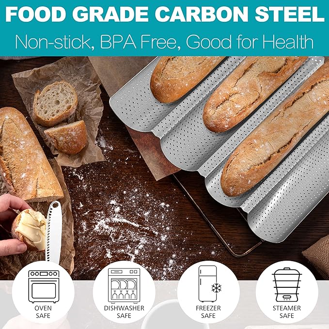 Anaeat Nonstick French Baguette Bread Pan with Thick Professional Proofing Cloth Dough Couche - Long Sourdough Bread Baking Pan Tray for Professional & Home Baker, Perforated Loaves Bake Mold Supplies