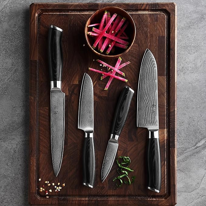 Wakoli MIK Damascus 4-Piece Knife Set – Japanese Style Kitchen Knives | Genuine Damascus Steel Blades with VG10 Core | Ergonomic Micarta Handles | Professional Chef Knife Set in Gift Box