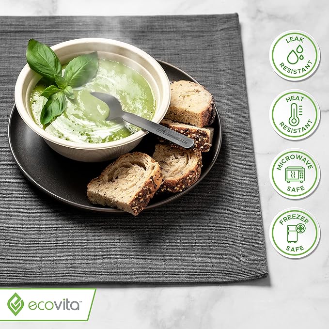 Ecovita 100% Compostable Paper Bowls [12 oz.] – 150 Disposable Bowls Eco Friendly Sturdy Tree Free Liquid and Heat Resistant Alternative to Plastic or Paper Bowls