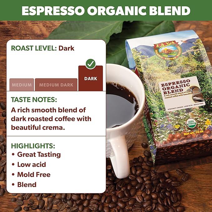 Low Acid Organic Coffee – Whole Bean, Mold-Free & Stomach Friendly by Java Planet, Espresso Blend Coffee, Dark Roast, Smooth Full Flavored, 5LB Bag