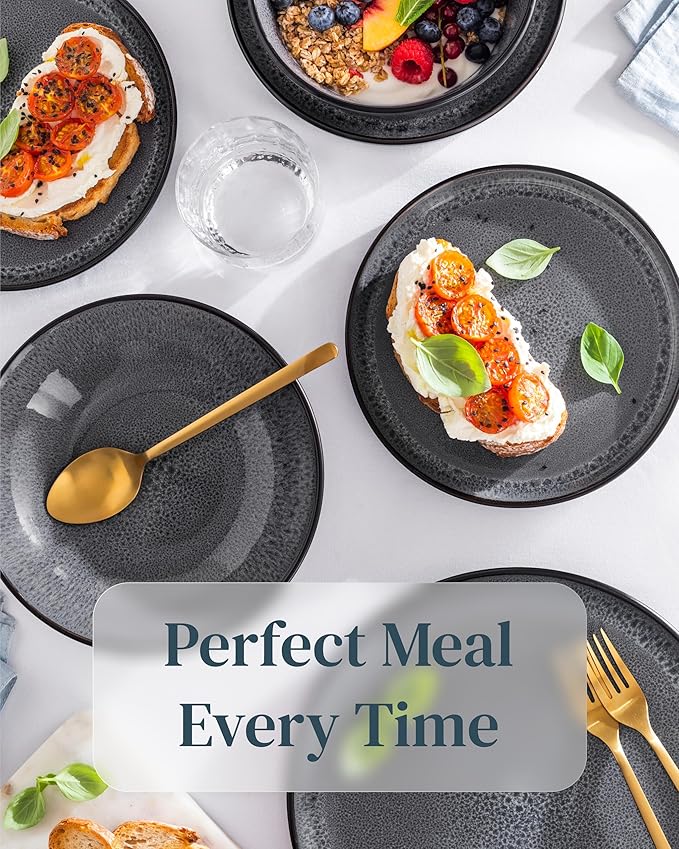Stoneware dinnerware set 4 persons 16 pcs - Dishwasher, microwave and scratch resistant - Bowl and plate set 4 persons modern - Dinner service Pure Living black in gray…