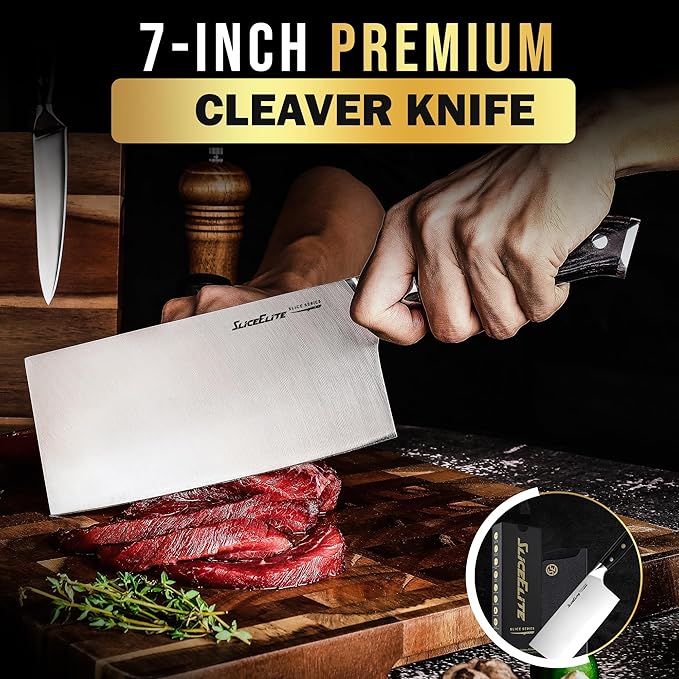 SliceElite Slice Series 7 Inch Cleaver Knife High Carbon German Steel Blade Pakkawood Handle Dual Sheath Sharp Butcher Knife Kitchen Chopper Bone Cutter Meat Slicer Vegetable Knife BBQ Butcher Cleaver