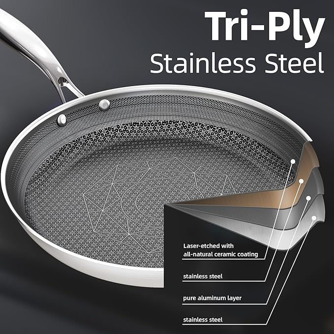 COOKING KING 10-Inch Stainless Steel Pan, Hybrid Nonstick Frying Pan, Skillet, 3-Ply Clad Cookware, Even Heat Distribution, Dishwasher & Oven Safe, with Stay-Cool Handle, Induction Compatible