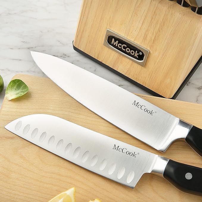 McCook® Black Knife Sets, German Stainless Steel Forged Kitchen Knives Block Set with Built-in Knife Sharpener