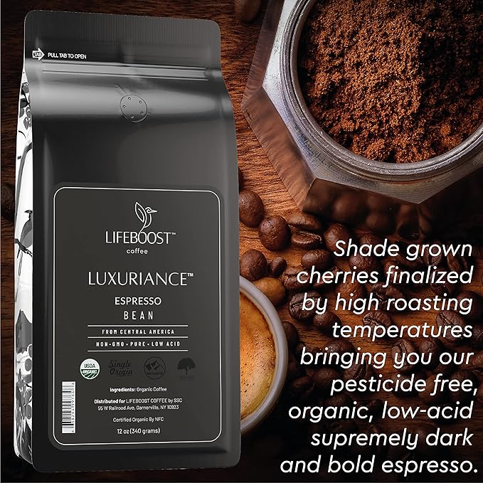 Lifeboost Organic Espresso Beans Whole – USDA Organic, Low Acid, Mold-Free Dark Roast Coffee – Whole Bean, Single Origin, High Caffeine Arabica – 12 oz Bag