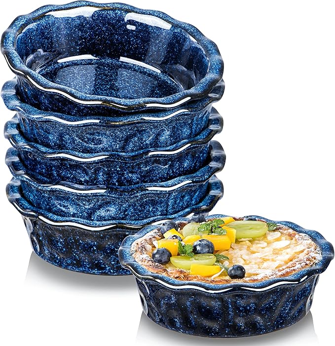 vicrays Ceramic Pie Pan for Baking - 5.5 inch Small Pie Plates Deep Dish Round Pot Casserole Mini Serving Bowl, Microwave Oven Safe for Dessert Apple Pie Cake Tart Pizza, Set of 6 - Blue