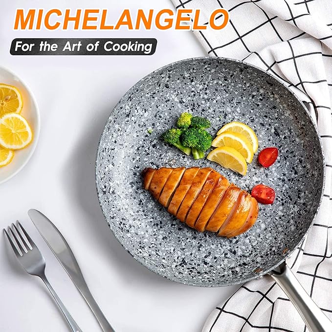 MICHELANGELO Frying Pan with Lid, Nonstick 12 Inch Frying Pan with Non toxic Granite Coating, Granite Frying Pan, Nonstick Frying Pans with Lid, Induction Compatible