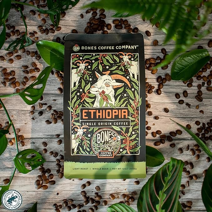 Bones Coffee Company Ethiopia Single-Origin, Citrus, Floral and Berries Notes, Whole Coffee Beans, Low Acid Medium Roast Arabica Beans Flavored Coffee, 12 oz Whole Bean