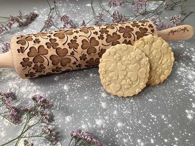 LUCKY CLOVER EMBOSSING ROLLING PIN for SAINT PATRIK'S DAY COOKIES CLOVER LEAF SHAMROCK Lá Fhéile Pádraig