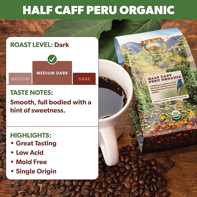 Low Acid Organic Coffee – Whole Bean, Mold-Free & Stomach Friendly by Java Planet, Peruvian Single Origin Half Caff Coffee, Medium Dark Roast, Arabica Gourmet Coffee Grade A, 1LB Bag