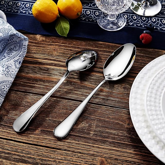 KEAWELL Premium Verona 4-Piece 9 inch Spoon Set – 18/10 Stainless Steel, Heavy-Duty Mirror-Finished Silverware for Daily Meals, Hosting and Special Occasions (4, Serving Spoons)