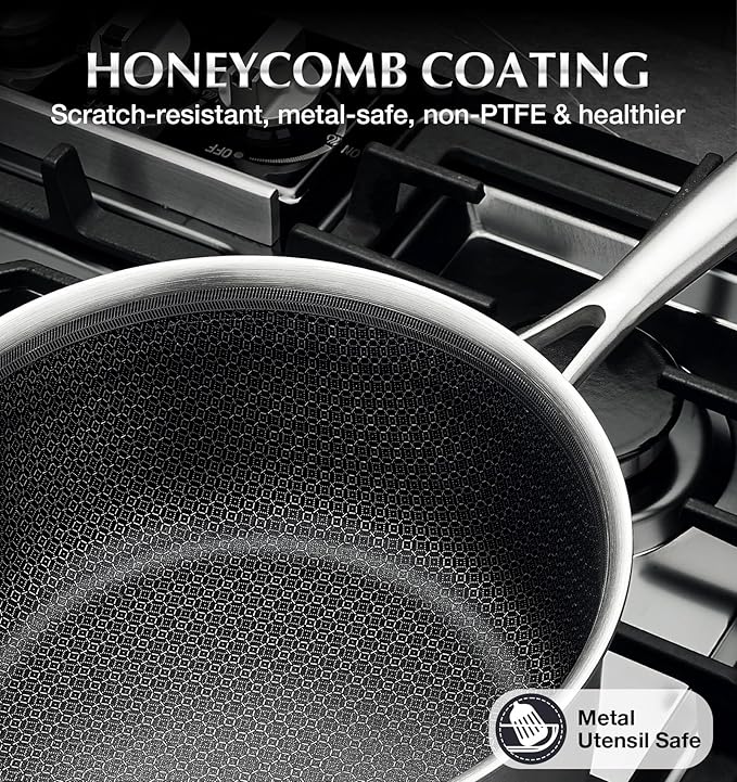 KOCH SYSTEME CS Hybrid Nonstick Stainless Steel Saucepan, 2 Quart Tri-Ply Stainless Steel Sauce Pan with Nonstick Honeycomb Interior, Hybrid Sauce Pan with Lid, Small Steel Pot, Induction Compatible