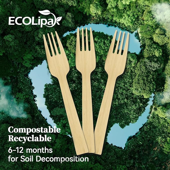 ECOLipak 300 Count Bamboo Forks Disposable, 6.7 Inch No Splinters Heavy Duty Bamboo Disposable Compostable Forks for Party, Wedding, Camping, Traveling, Family Dinners, Large Events