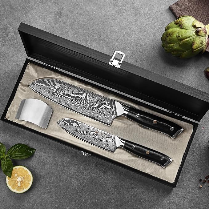 Wakoli NIT 2-Piece Kitchen Knife Set – Professional Damascus Chef Knives | 67-Layer VG10 Core Steel | Ergonomic G10 Handle | Santoku Knife & Small Santoku in Wooden Gift Box