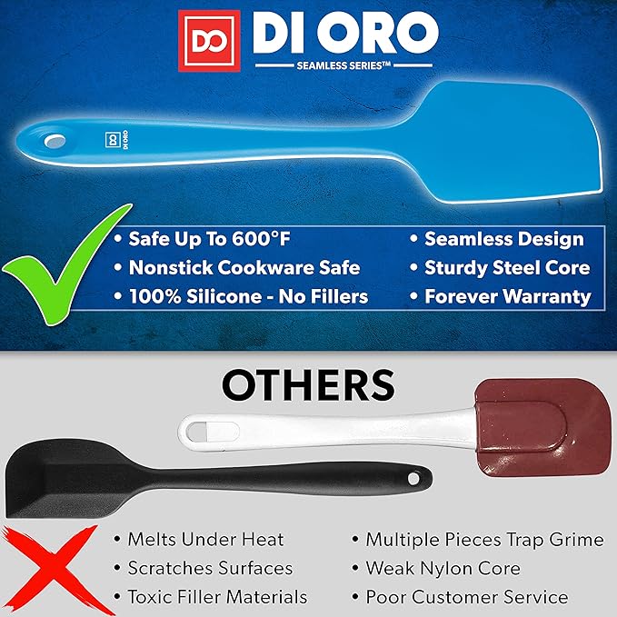 DI ORO Silicone Spatula - 600°F Heat-Resistant Rubber Kitchen Spatula for Baking, Scraping, & Mixing - BPA Free Nonstick Cookware Safe Flexible Utensil for Cooking - Seamless & Dishwasher Safe (Blue)