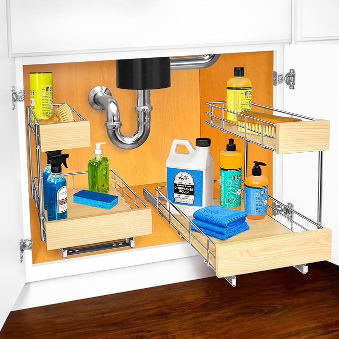 LYNK PROFESSIONAL® SELECT™ Pull Out Under Sink Kitchen Cabinet Organizer - 11.5 in. x 18 inch deep Drawer - Sliding Shelf Organizer and Undersink Storage Shelves - Lifetime Ltd. Warranty – Chrome
