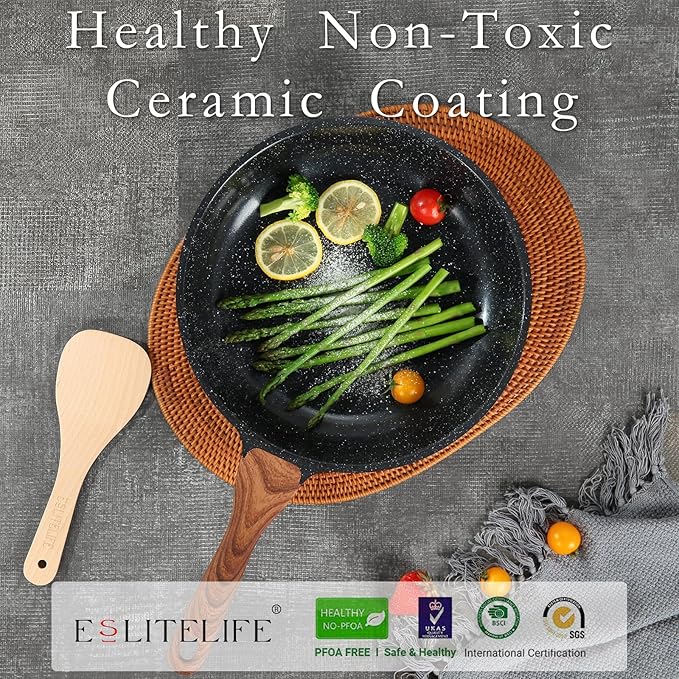 ESLITE LIFE Nonstick Ceramic Frying Pan Skillet with Lid, Non-Toxic Egg Omelette Kitchen Cooking Pans Compatible with All Stovetops (Gas, Electric & Induction), PTFE & PFOA Free (Black, 11" w/Lid)
