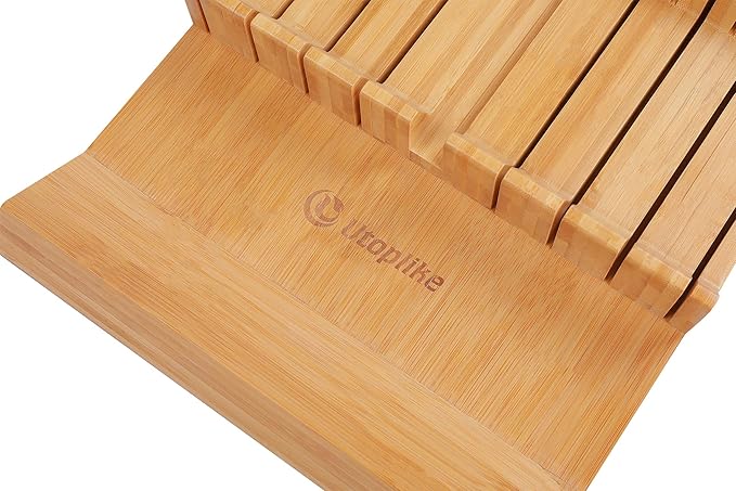 Utoplike In-drawer Knife Block Bamboo Kitchen Knife Drawer Organizer Large, Handle Steak knife Holder without Knives, Fit for 16 Knives and 1 Sharpening Steel (Knives & Sharpening Not Included)
