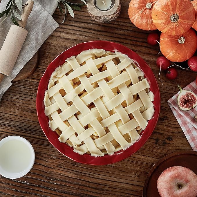 Lareina Ceramic Pie Pans for Baking, 9 Inches Pie Plate for Apple Pie, 36 Ounce Round Baking Dish, Set of 2, Thanksgiving day Gifts for Women, Red