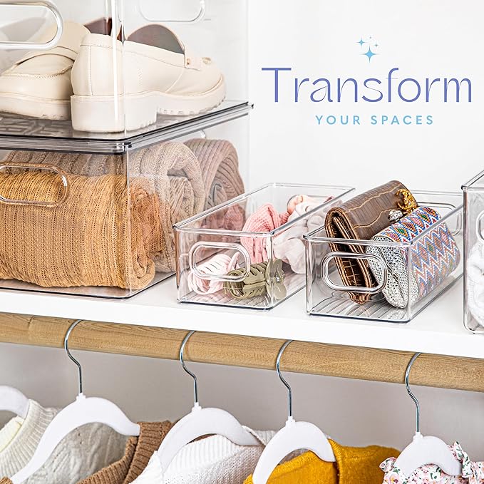 Plastic Food Storage Clear Container 2 Pack Bin with Handles for Organizing Kitchen, Pantry, Refrigerator, Freezer, Pantry, Cabinet, Closet, Bathroom. Stackable 10”x4”x3”
