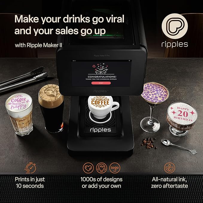 Ripples The Original Maker II, Print on Beverage Foam and Desserts, Plant-Based Ingredients Only, Selfie and Personalized Designs (Machine + Coffee Pod)