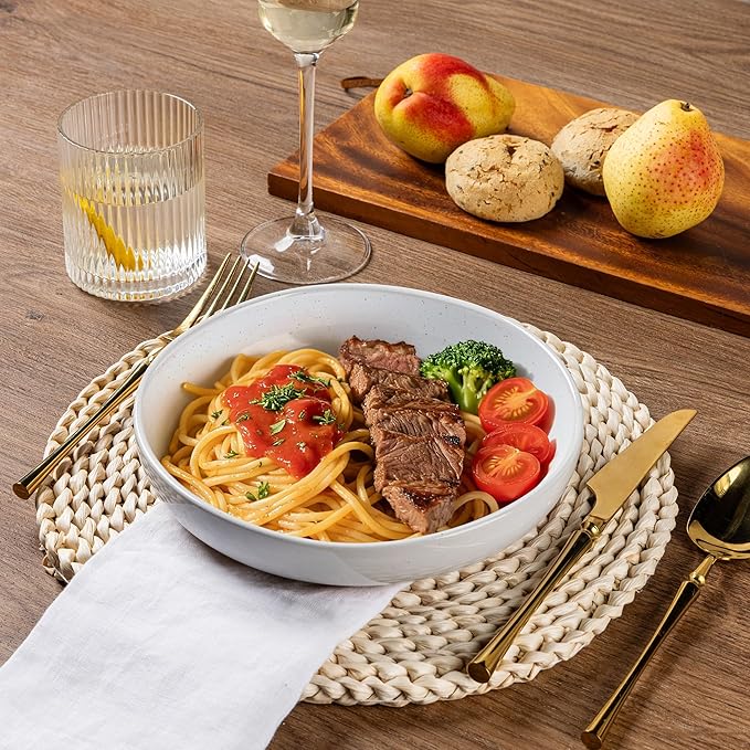 AmorArc Ceramic Dinnerware Sets with Pasta Bowls for 4, Handpainted Plates and Bowls Set with Rustic Terracotta Underside, Scratch Resistant Dishes Set, Dishwasher & Microwave Safe, 16 Pcs