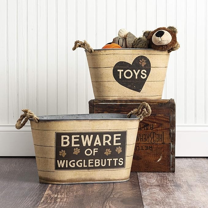 Primitives by Kathy Rustic Pet Tin Bins - Dog Food & Toy Storage Set, 'Toys & Beware of Wigglebutts' Themed Containers