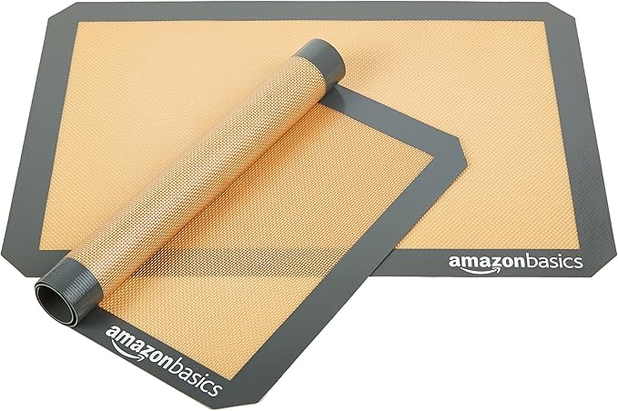 Amazon Basics Silicone Rectangular Baking Mat, Non-Stick Reusable Oven Bakeware, 16.5" x 11.6", New Beige/Gray, Pack of 2