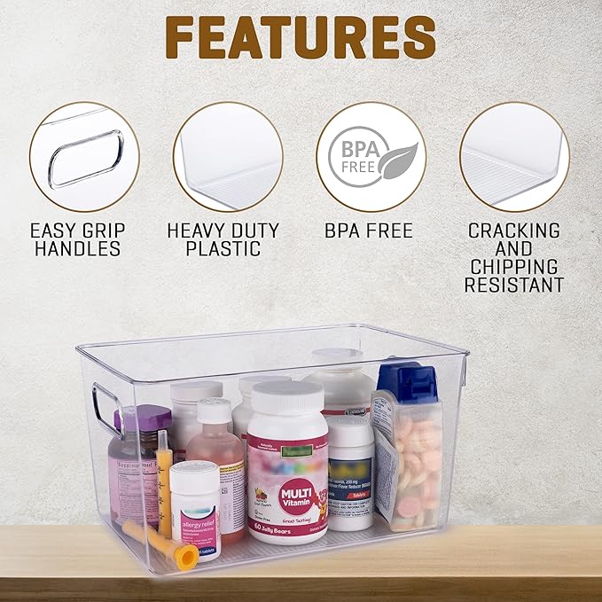 Clear storage organizer bins, Kitchen Cabinet Organizers and Storage Baskets Pantry Fridge Containers for Organizing Cabinet Organization Perfect for, Foods, Snacks, Chips, Vitamin, Spices, Makeup