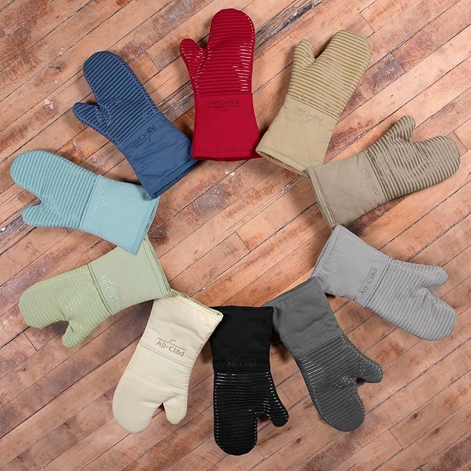 All-Clad Silicone Oven Mitts: Heat Resistant up to 500 Degrees - 100% Cotton & Silicone, 14"x7" Oven Mitt for Kitchen and Barbeque, 2-Pack, Pewter