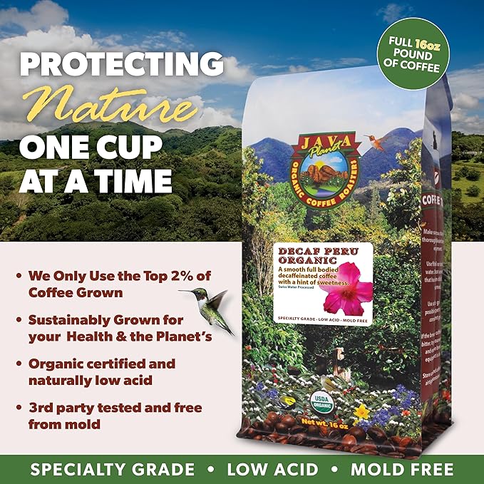 Low Acid Organic Coffee – Whole Bean, Mold-Free & Stomach Friendly by Java Planet, Peruvian Single Origin Decaf Coffee, Water Process, Medium Dark Roast, Smooth Full Flavored, 5LB Bag