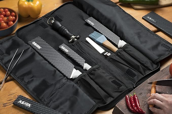 Asaya Chef Knife Roll Bag - 12 Pockets for Knives and Kitchen Utensils - Lightweight, Durable, and Stain Resistant Nylon - Perfect for the Traveling Chef - Knives not Included (Purple)